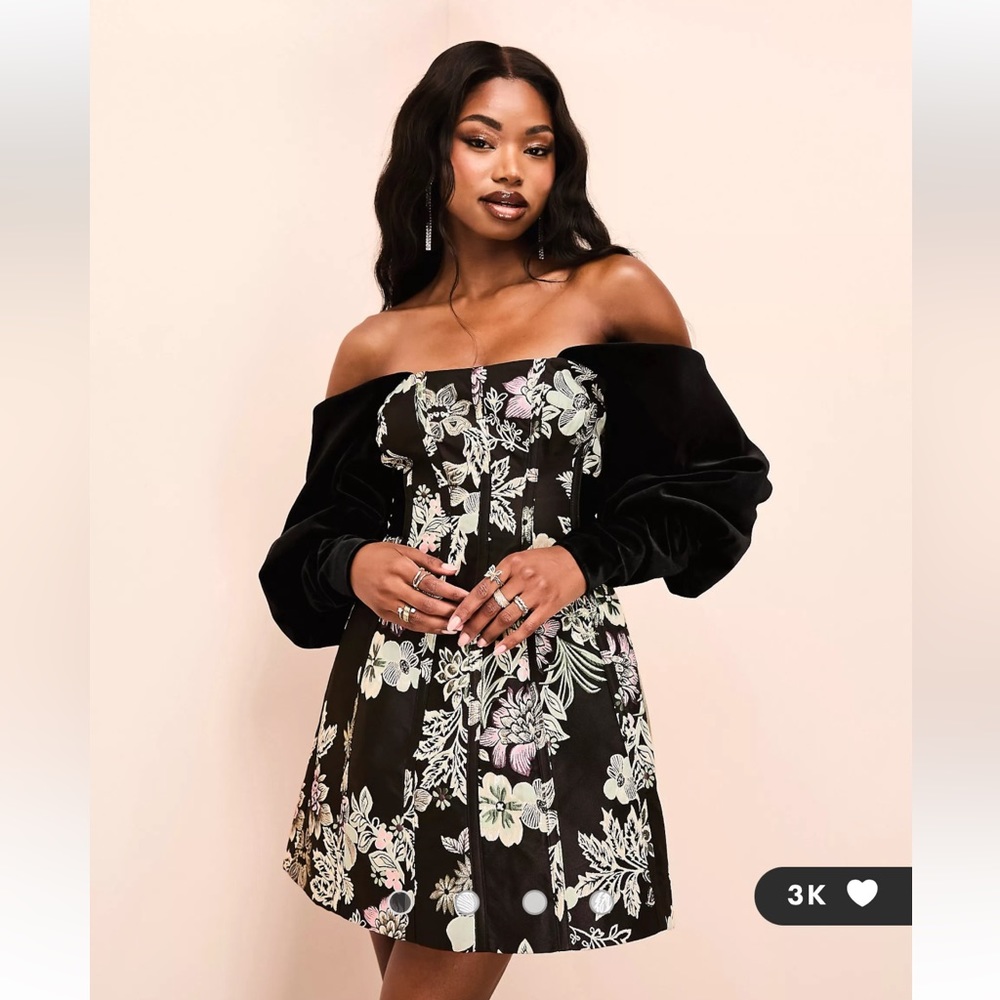 ASOS LUXE off shoulder jacquard mini dress with velvet sleeves black floral 12